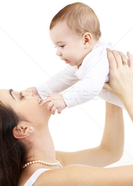 Foto stock: Feliz · mãe · bebê · menino · quadro · branco