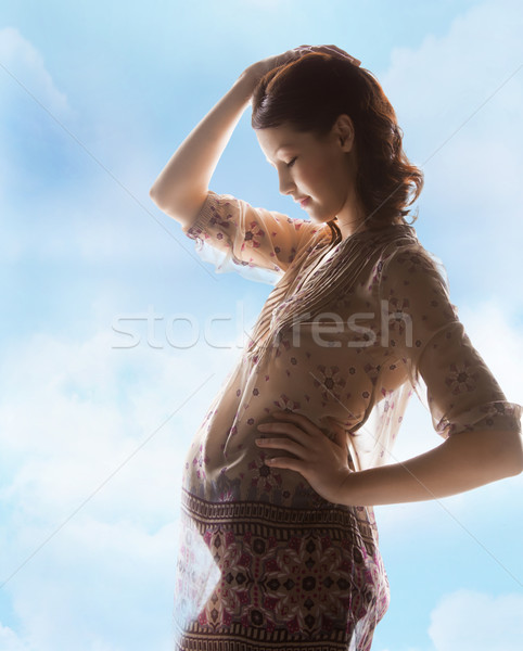 Foto stock: Silhueta · quadro · grávida · bela · mulher · família · maternidade