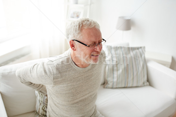 Foto stock: Infeliz · senior · homem · sofrimento · dor · nas · costas · casa