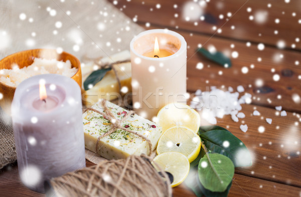 natural soap and candles on wood Stock photo © dolgachov