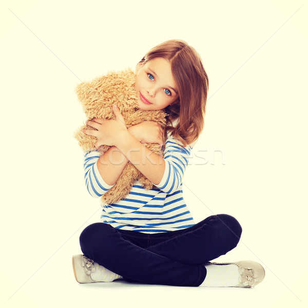 Stock fotó: Aranyos · kislány · ölel · plüssmaci · gyermekkor · játékok