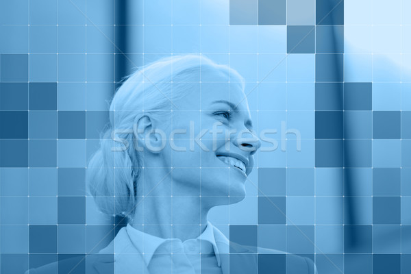 Sorridere imprenditrice dietro in bianco e nero blu griglia Foto d'archivio © dolgachov