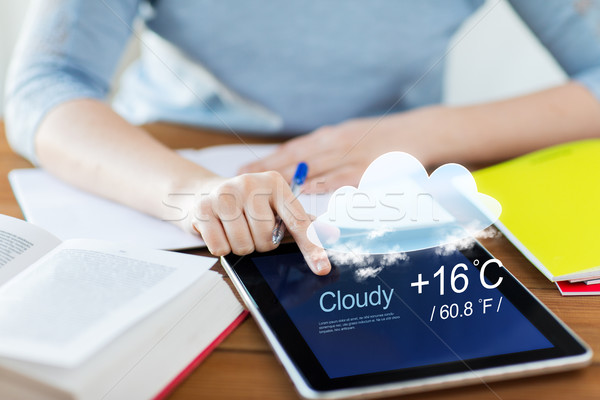 close up of woman with weather cast on tablet pc Stock photo © dolgachov
