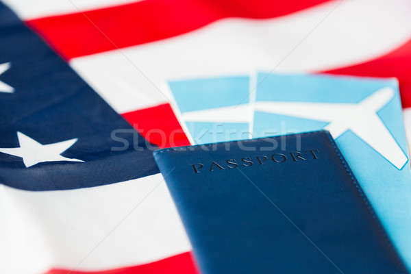 american flag, passport and air tickets Stock photo © dolgachov