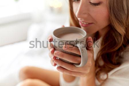 Stock foto: Glücklich · Frau · Tasse · home · Winter