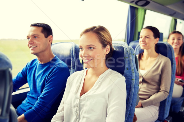 Foto stock: Grupo · feliz · pasajeros · viaje · autobús · transporte