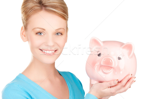 Vrouw spaarvarken heldere foto Blauw portret Stockfoto © dolgachov