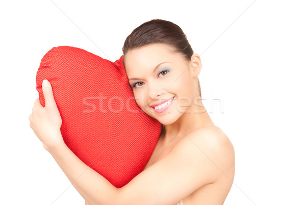 Mulher vermelho travesseiro branco feliz modelo Foto stock © dolgachov