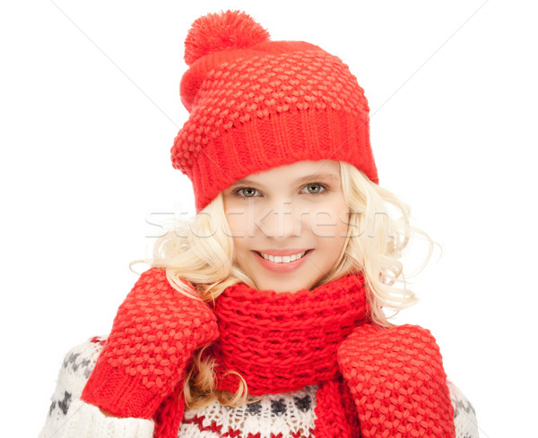 beautiful woman in hat, muffler and mittens Stock photo © dolgachov