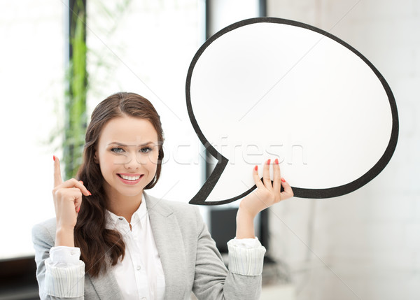 Stockfoto: Glimlachend · zakenvrouw · tekst · bubble · foto · vrouw