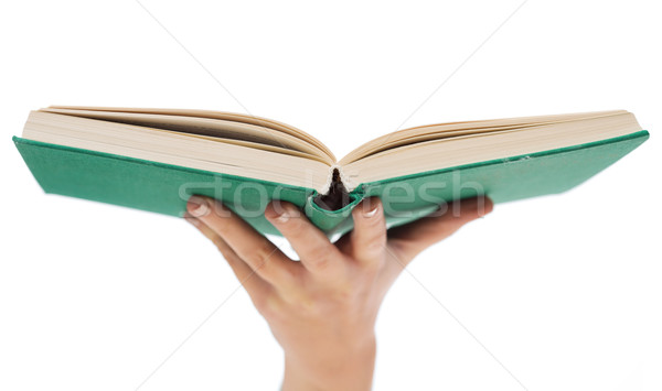 Frau Hand halten offenes Buch Bildung Stock foto © dolgachov