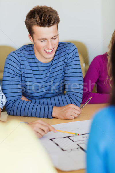 Stockfoto: Groep · glimlachend · studenten · blauwdruk · onderwijs · school