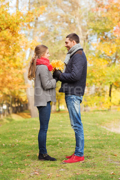 Sonriendo Pareja hojas otono parque Foto stock © dolgachov