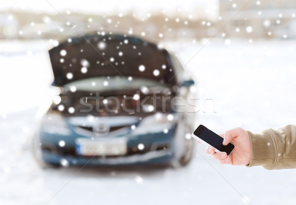 [[stock_photo]]: Homme · voiture · cassée · smartphone · transport · hiver