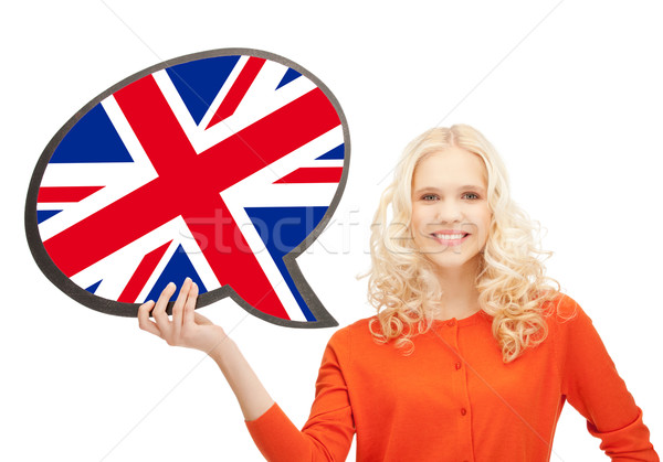Stock photo: smiling woman with text bubble of british flag