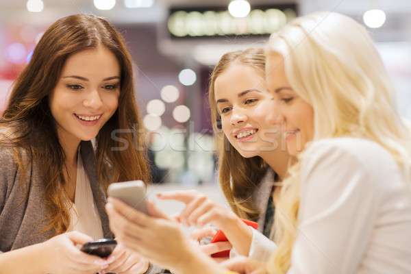 Glücklich Frauen Smartphones Mall Verkauf Stock foto © dolgachov