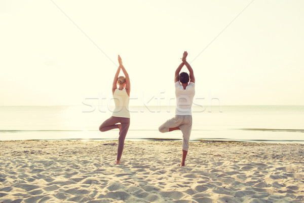 Foto stock: Casal · ioga · ao · ar · livre · de · volta · fitness