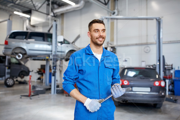 auto mechanic or smith with wrench at car workshop Stock photo © dolgachov