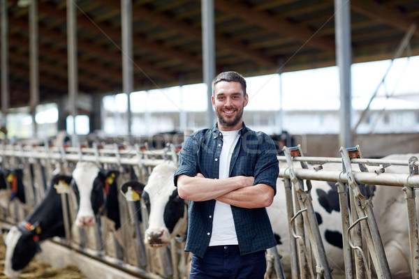 Mann Landwirt Kühe Milchprodukte Bauernhof Landwirtschaft Stock foto © dolgachov