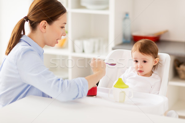 happy mother feeding baby with puree at home Stock photo © dolgachov