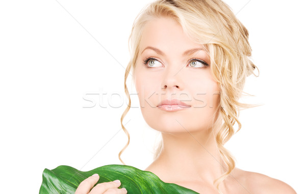 Kobieta zielony liść zdjęcie biały zdrowia zielone Zdjęcia stock © dolgachov