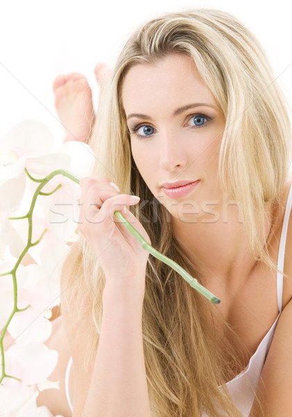 blonde in cotton underwear with orchid Stock photo © dolgachov