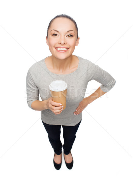 Stockfoto: Glimlachend · asian · vrouw · weg · koffiekopje
