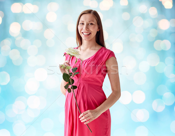 Foto stock: Feliz · mulher · grávida · rosa · flor · gravidez · maternidade