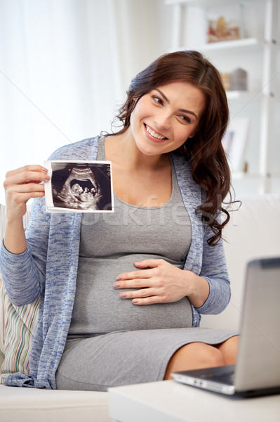 Zdjęcia stock: Szczęśliwy · kobieta · w · ciąży · ultradźwięk · obraz · domu · ciąży