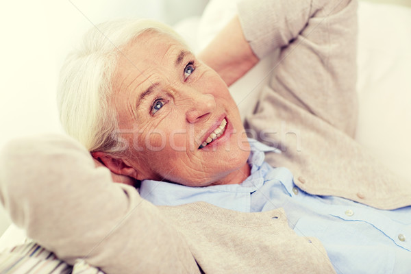 Stockfoto: Gelukkig · senior · vrouw · sofa · home