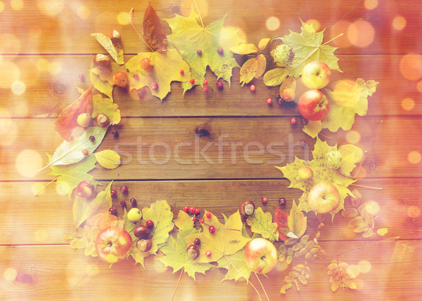 set of autumn leaves, fruits and berries on wood Stock photo © dolgachov