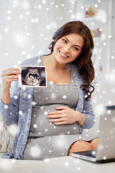 happy pregnant woman with ultrasound image at home Stock photo © dolgachov