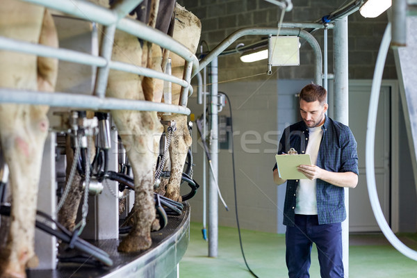 man with clipboard and milking cows on dairy farm Stock photo © dolgachov