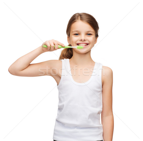 Lány fehér póló fogmosás terv egészség Stock fotó © dolgachov