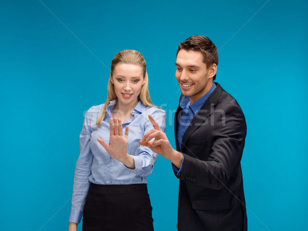 Stockfoto: Vrouw · man · werken · virtueel · scherm · business