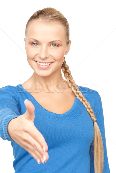 Strângere de mână femeie deschide mână gata afaceri Imagine de stoc © dolgachov
