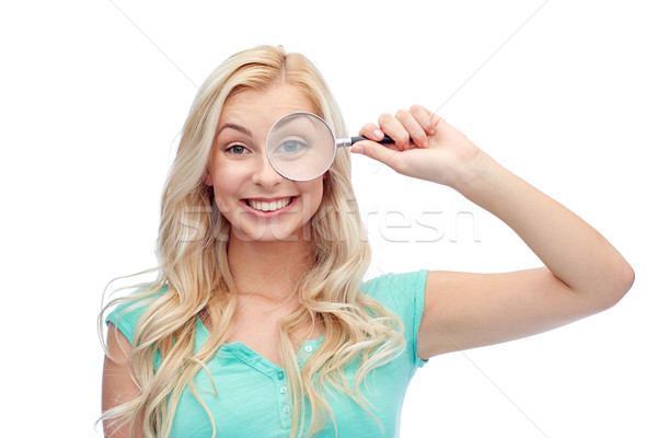 Stockfoto: Gelukkig · jonge · vrouw · vergrootglas · visie · exploratie · onderzoek