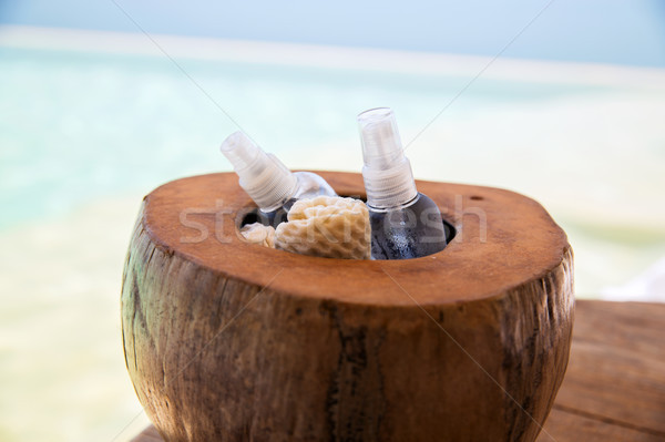 body lotion spray in coconut shell at beach spa Stock photo © dolgachov