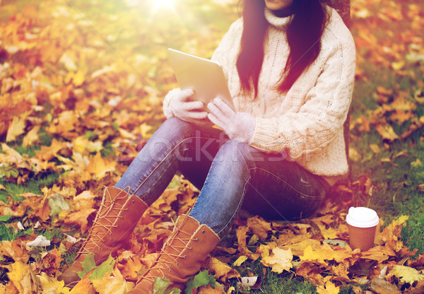 woman with tablet pc and coffee in autumn park Stock photo © dolgachov