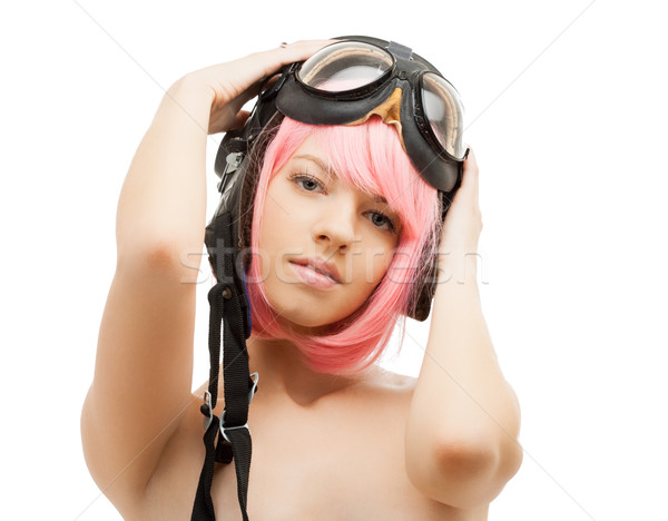 pink hair girl in aviator helmet Stock photo © dolgachov