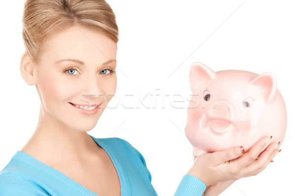 Vrouw groot spaarvarken foto geld gelukkig Stockfoto © dolgachov