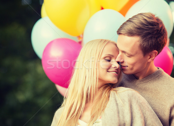 Foto stock: Casal · colorido · balões · beijando · parque · verão