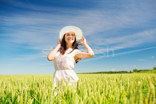 Zâmbitor palarie de paie cereale câmp fericire Imagine de stoc © dolgachov