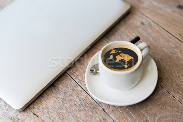 Stockfoto: Laptop · koffiekopje · wereldkaart · technologie · business