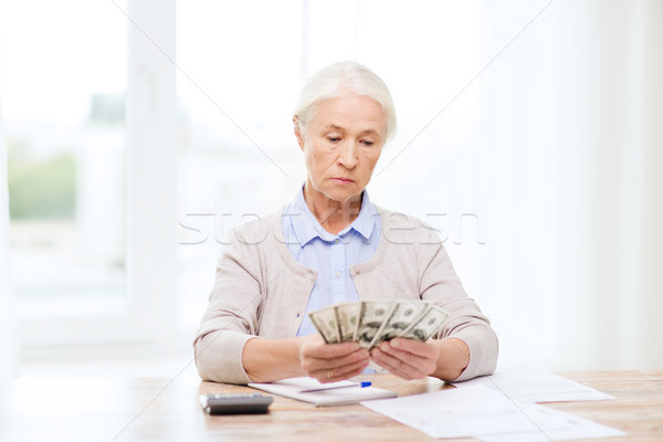 Idős nő pénz papírok otthon üzlet Stock fotó © dolgachov