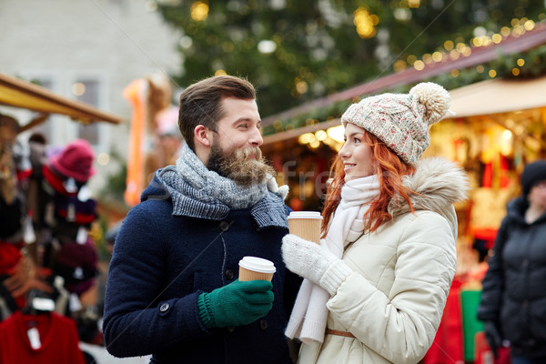 Foto stock: Feliz · casal · potável · café · cidade · velha · rua