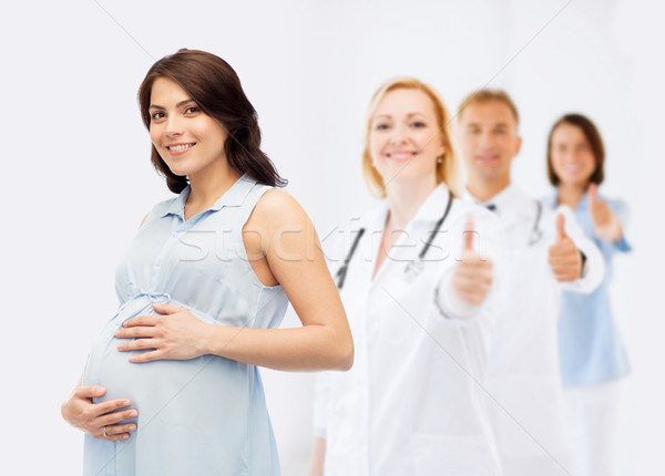 Foto stock: Feliz · mujer · embarazada · tocar · grande · vientre · embarazo