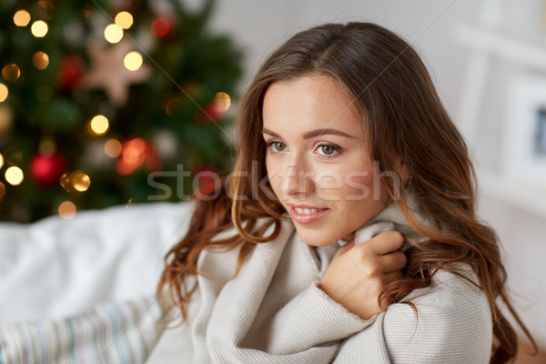 Stockfoto: Gelukkig · jonge · vrouw · home · christmas · kerstmis