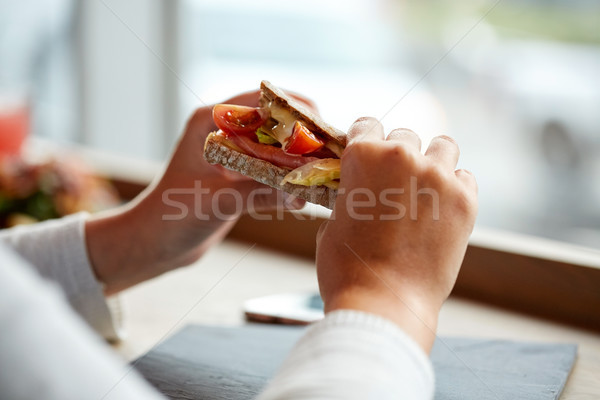 Kobieta jedzenie łososia panini kanapkę jedzenie w restauracji Zdjęcia stock © dolgachov