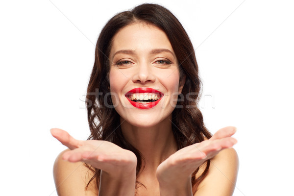 Foto stock: Belo · sorridente · mulher · jovem · batom · vermelho · beleza · compensar